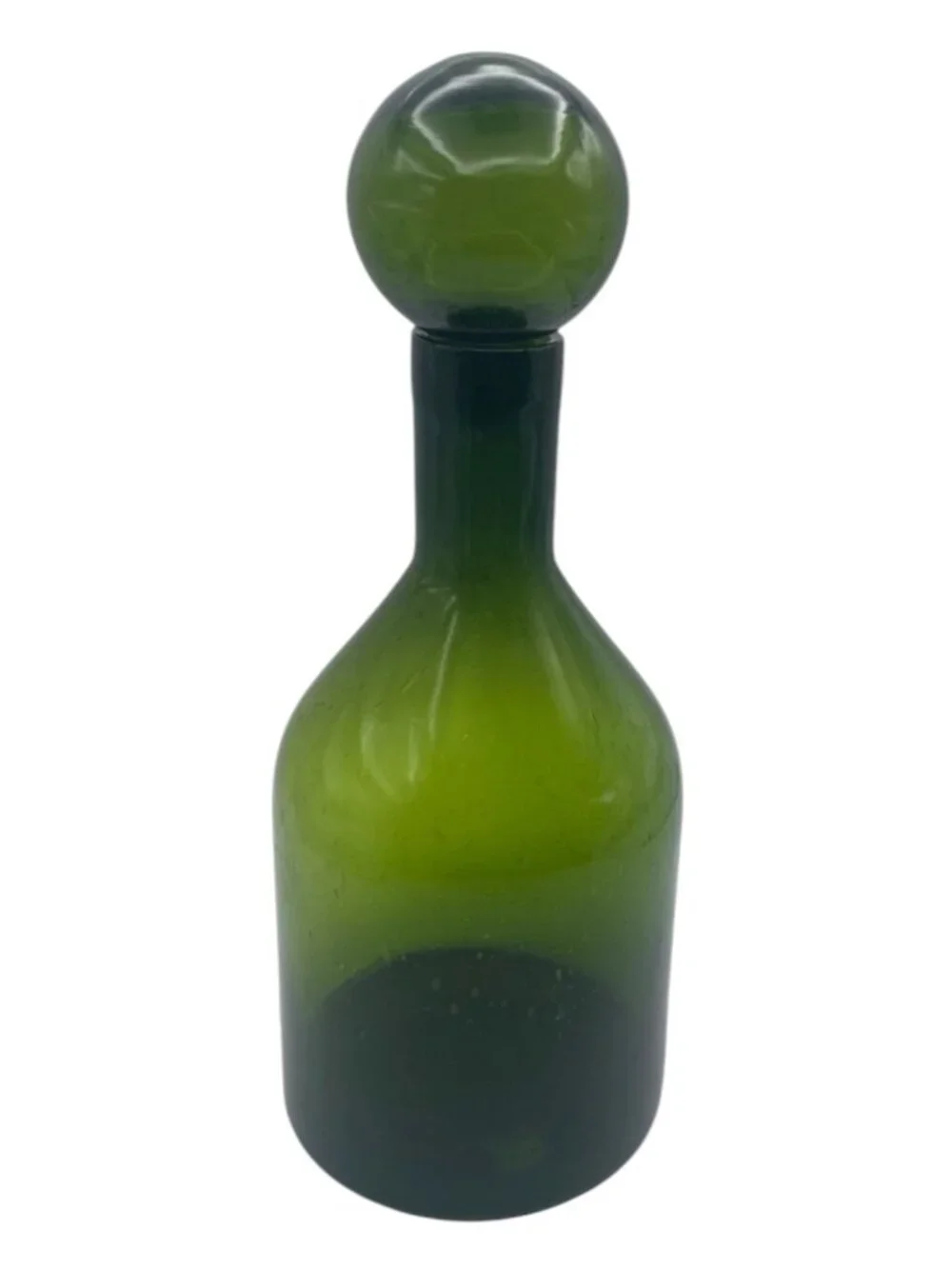 Vintage MCM Large Bottle Green Glass Bubble Decanter 11” w/ Ball Stopper Italy